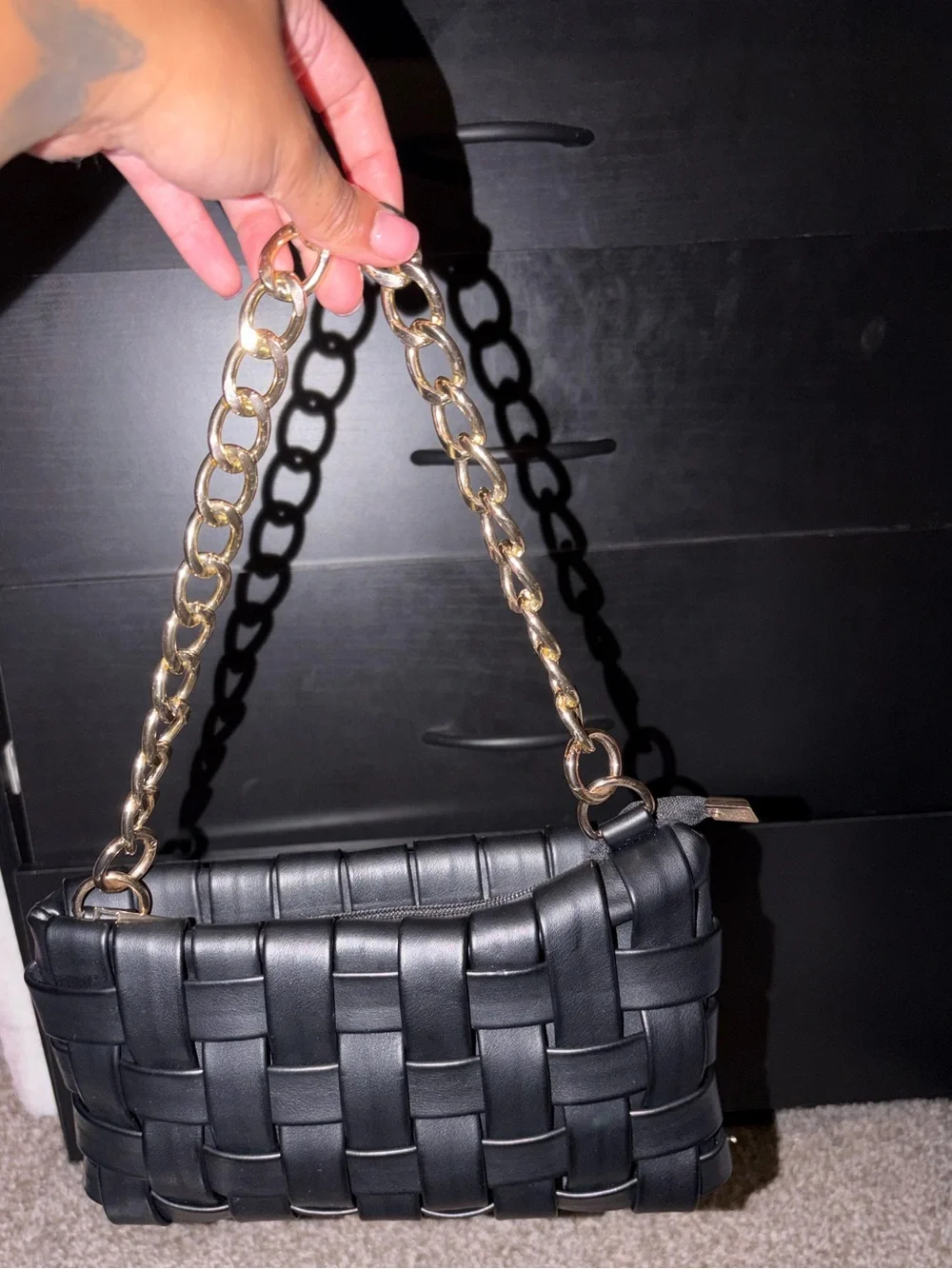Woven Black Shoulder Bag with Gold Chain